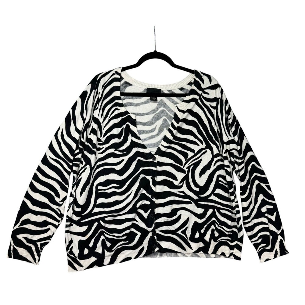 Lane Bryant Cardigan Women's 22/24 Black White Sweater Zebra Knit Animal Print